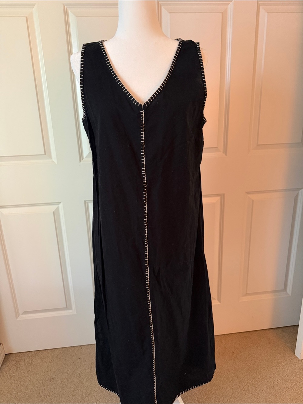 Black V-Neck 100% Cotton Maxi Dress with Creme Whipstitch Trim